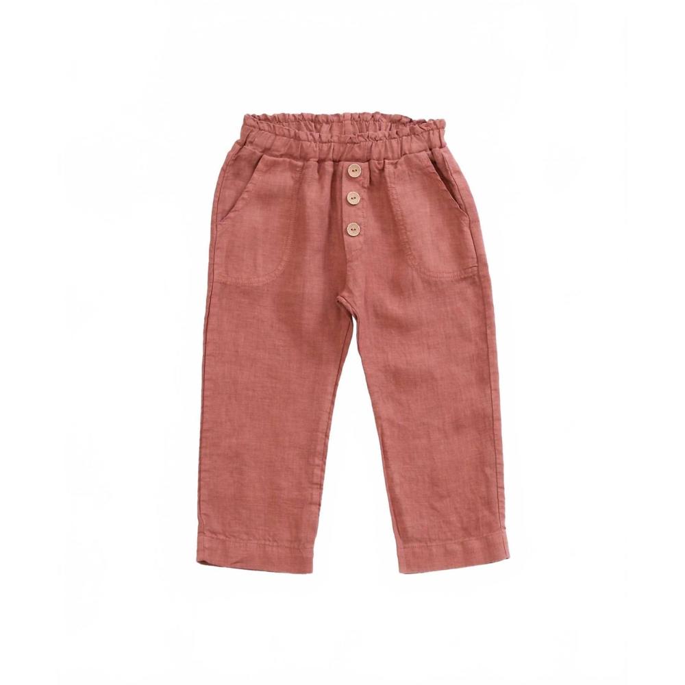 NEW PLAY UP girl's buttoned linen trousers in old tile